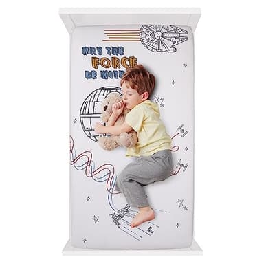 NoJo Star Wars May The Force Be with You White, Blue, and Gold Millennium Falcon and Death Star Photo Op Nursery Fitted Crib Sheet - Image 3