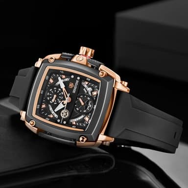 senstone Mens Watch Square Fashion Sports Multifunction Chronograph Quartz Analog Wristwatch Gift for Men Rubber Band Silicone Strap Watches - Rose Gold - Image 7
