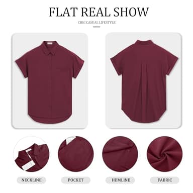 Womens Button Down Casual Shirts Cotton Short Sleeve Blouses Solid Summer Tops with Pocket Red Wine - Image 5