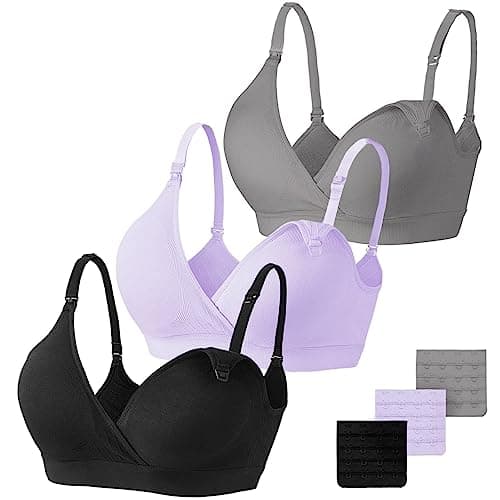 Vinfact 3 Pack Nursing Bras for Breastfeeding Seamless V Neck Maternity Bra Women Pregnancy Breastfeeding Bra - L,Black/Grey/Purple - Image 1