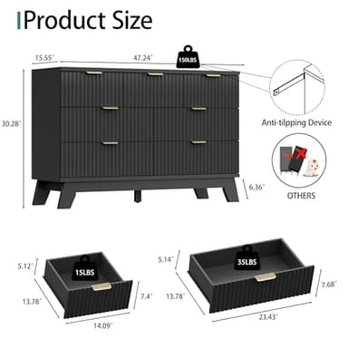 Fluted Dresser for Bedroom with 7 Drawers, 48" Wide Modern Chest of Drawers with Metal Handle, Wooden Dresser TV Stand, Wood Closet Clothes Storage Organizer for Living Room, Hallway, Black - Image 2