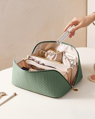 EACHY Travel Makeup Bag, Large Capacity Cosmetic Bags for Women, Waterproof Portable Open Flat Toiletry Bag Make up Bag with Divider and Handle (LB-Green, Large) - Image 8