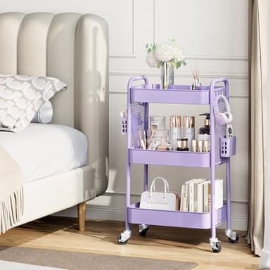 TOOLF 3 Tier Rolling Cart Storage Organizer, Metal Rolling Utility Cart with Wheels, Hooks & Bins Esthetician Craft Art Sturdy Storage with Pegboard for Bathroom, Kitchen, Office, Nursery Diaper - Image 3