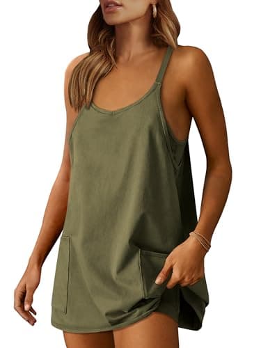 ANRABESS Women Athletic Dress Summer Tennis Workout Active Sports Mini Romper Dress Built in Shorts Travel Vacation Clothes Army Green Large - Image 1