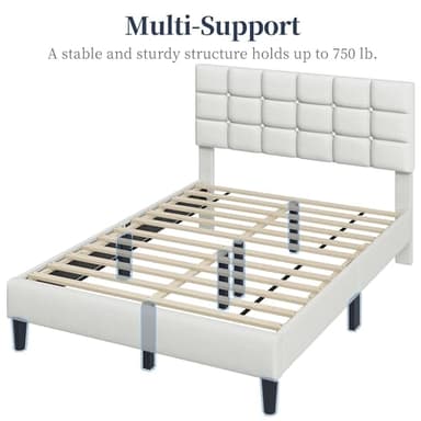 Yaheetech Upholstered Bed Frame, Modern Full Bed Platform with Square Stitched&Button Tufting Headboard Height Adjustable, Wooden Slats Support, No Box Spring Needed, Full Size, Beige - Image 8