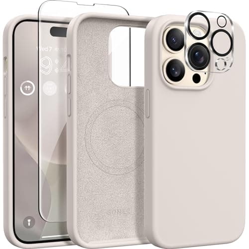 GONEZ for iPhone 14 Pro Case, Compatible with Magsafe, with Screen Protector + Camera Lens Protector, Soft Anti-Scratch Microfiber Lining, Shockproof Liquid Silicone Phone Cover, Stone - Image 1