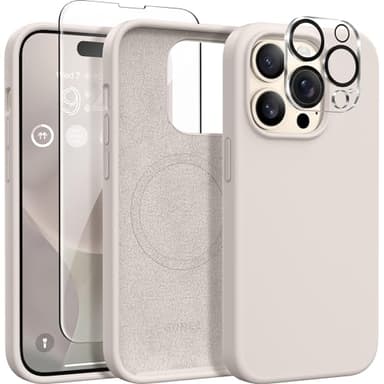 GONEZ for iPhone 14 Pro Case, Compatible with Magsafe, with Screen Protector + Camera Lens Protector, Soft Anti-Scratch Microfiber Lining, Shockproof Liquid Silicone Phone Cover, Stone - Image 1