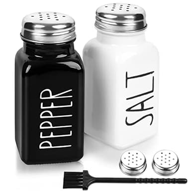2 Pack Salt and Pepper Shakers Set, Glass Shaker with Stainless Steel Lid, Modern and Cute Farmhouse (Black and White) - Image 1