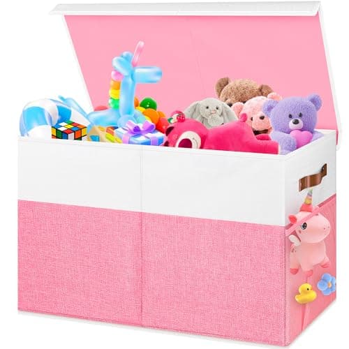 Mabahoo Large Toy Box, Collapsible Sturdy Storage Organize Chest Boxes With Lids, 25"x13"x16" Kids Toy Chest Bin Baskets for Living Room, Bedroom, Nursery, White & Pink - Image 1