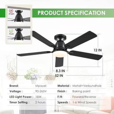 Ceiling Fans with Lights- 52" Low Profile Indoor Ceiling Fan with Light and Remote/APP Control, Flush Mount, LED Dimmable DC Reversible Modern Ceiling Fan for Bedroom(Black) - Image 5