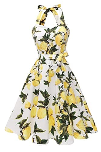 Topdress Women's Vintage Polka Audrey Dress 1950s Halter Retro Cocktail Dress White Lemon 2XL - Image 1