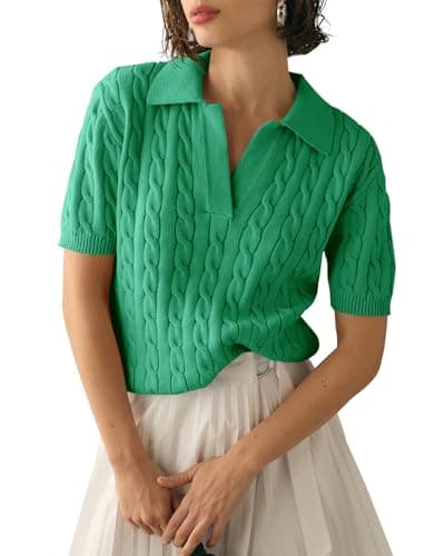 Imily Bela Women's Cable Short Sleeve Sweaters Tops Solid Lapel V Neck Knit Casual Soft Pullover Shirt Z-Green - Image 1