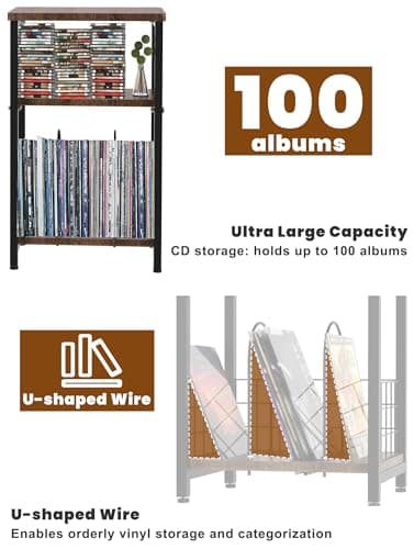 Tuohours Record Player Stand, 3 Tier End Side Table with Vinyl Record Storage Basket, Turntable Table up to 100 Albums Record Shelf Display Holder Cabinet for Living Room, Bedroom, Office - Image 4