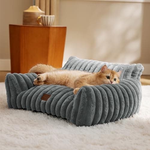 Bedsure Cute Cat Couch for Pets - Fluffy Cat Sofa with Premium Soft Corduroy Fleece, Fuzzy Pet Couch Bed with Removable Washable Cover, Supportive Pet Chair for Indoor Cats, 24inch, Warm Grey - Image 1