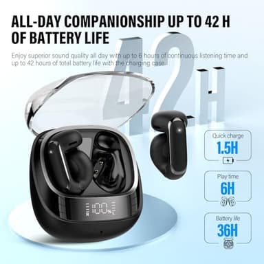 Wireless Earbuds, Clip On Ear Headphones, Bluetooth 5.4 HiFi Stereo Earbuds, 42H, LED Display Ear Buds, Comfortable Lightweight, IP7 Waterproof Open Ear Earphones, Earbud for Workouts Running, Black - Image 4