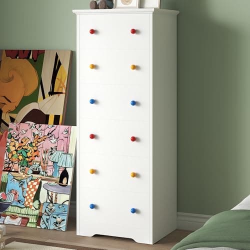 LIKIMIO Small Dresser Tall, 6 Drawer Tall Skinny Dresser with Colorful Handles, Chest of Drawers for Bedroom, 51.5" H Modern Wooden Floor Storage Cabinet with Metal Sliding Rail, White - Image 1