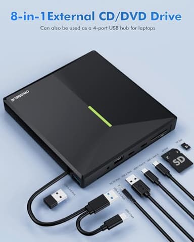 ORIGBELIE External CD DVD Drive with 4 USB Ports and 2 TF/SD Card Slots, USB 3.0 Portable CD/DVD Disk Drive Player Burner Reader Writer for Laptop MacBook Desktop PC Windows 11/10/8/7 Linux Mac OS - Image 6