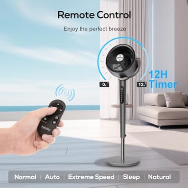 hykolity Large Pedestal Fan for Bedroom, 120°+90°Omni-directional Oscillating Standing Fan, 85ft Air Circulator With Remote, DC Motor Quiet Floor Fans, Adjustable Height, 12 Speeds, 5 Modes, 12H Timer - Image 7