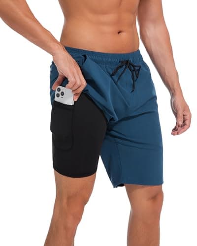 difficort Mens Swim Trunks Quick Dry Bathing Suit 9 inch Inseam Board Shorts with Compression Liner and Zipper Pocket,Dark Blue,X-Large - Image 1