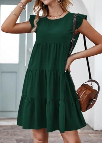 KIRUNDO Women's Summer Mini Dress Sleeveless Ruffle Sleeve Round Neck Solid Color Loose Fit Short Flowy Pleated Dresses (Dark Green, Large) - Image 3