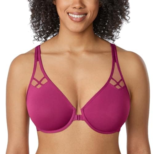 DELIMIRA Women's Front Closure Racerback Bras Plus Size Full Coverage Supportive Underwire Plunge Unlined Bra Magenta Purple 36DD - Image 1