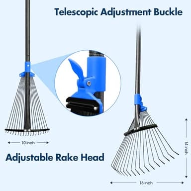 BsBsBest 61" Rake for Leaves with 18 Metal Tines 10-18" Expandable Head Rakes Adjustable Handle for Lawn Leaf Rake Yard Tools for Collecting Leaves, Grass Clippings, Garbage Blue - Image 5