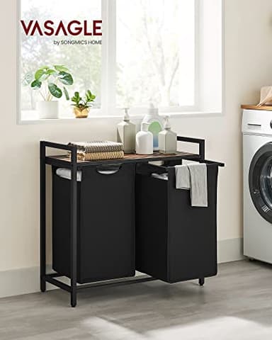 VASAGLE Laundry Hamper, Laundry Basket, Laundry Sorter with 2 Pull-Out and Removable Bags, Shelf, Metal Frame, 2 x 12.1 Gallons (46 L), 28.8 x 13 x 28.4 Inches, Ink Black and Rustic Brown UBLH201B01 - Image 2
