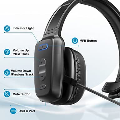 LEAYU Bluetooth Headset, 60hrs Noise Canceling V5.2 Over Head Headphones, Single Ear Trucker Wireless Headset with Mic, Mute Button, Multipoint, for Phones PC Computer Truck Driver Office Work - Black - Image 6