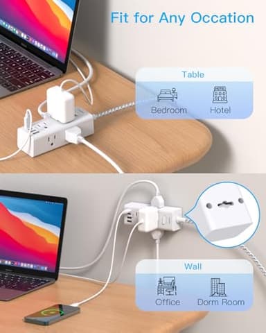 Power Strip Surge Protector - One Beat 6 Widely Outlets with 4 USB Ports (2 USB C), 5 Ft Extension Cord Flat Plug, Wall Mount Outlet Extender Small Power Strip for Travel Home Office College Dorm Room - Image 6