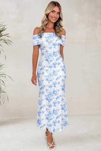 LUXVEER Women's Mesh Floral Dress 2025 Summer Off Shoulder Ruched Bodycon Long Maxi Fitted Night Out Wedding Guestes Dresses Blue - Image 3