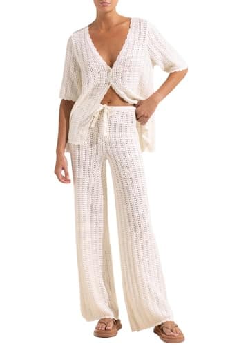 Imily Bela Women's 2 Piece Knit Vacation Outfits Summer Beach Cardigan Top and Drawstring Long Pants Pajama Set Loungewear - Image 1