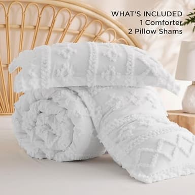 Bedsure Tufted Boho Comforter Set Queen Size - Bright White Boho Bed Set, GentleSoft™ 3 Pieces Farmhouse Shabby Chic Embroidery Bedding, Gifts for Woman, Soft Jacquard Queen Comforter for All Seasons - Image 7