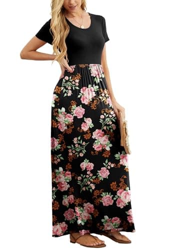 GRECERELLE Womens Black Floral Summer Dresses Short Sleeve Long Dresses for Vacation with Pocket XL, Flower Rose Black - Image 4