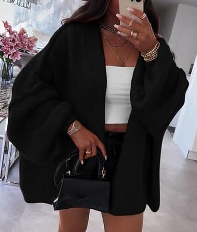 PRETTYGARDEN Womens Oversized Cardigan Sweaters 2025 Fall Long Lantern Sleeve Knit Open Front Lightweight Sweater (Black,Large) - Image 8