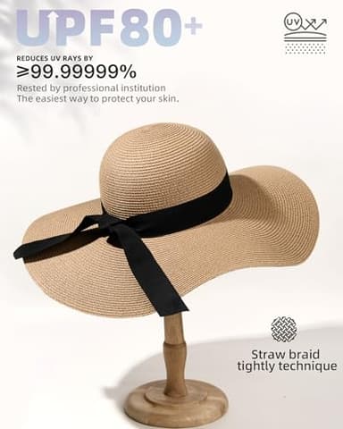 FURTALK Womens Sun Straw Hat Wide Brim UPF 80 Summer Hat Foldable Packable Floppy Beach Hats for Women Khaki - Image 2