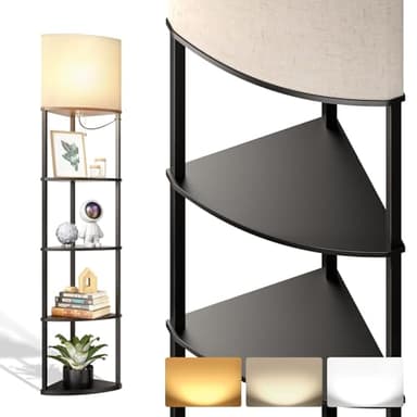 addlon Floor Lamp with Shelves, 5-Tier Adjustable Corner Lamp with 3 Color Temperatures & Linen Shade, Modern Floor Lamps for Living Room, Home Office & Bedroom (E26 LED Bulb Included, 800lm) - Black - Image 1
