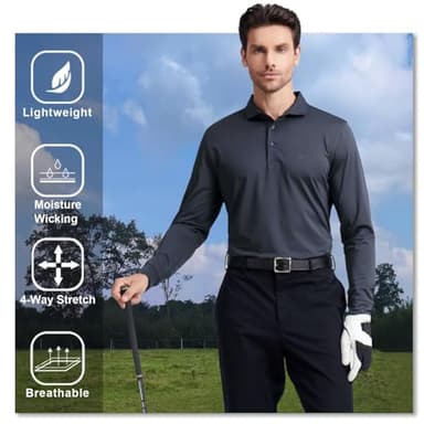 Mens Polo Shirts Long Sleeve Dry Fit Classic Regular Pin Striped Golf Polos for Men Black - Image 5