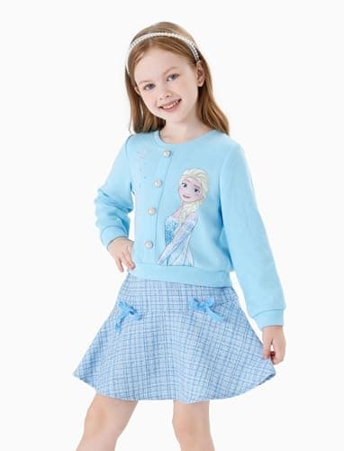 Disney Frozen Elsa Toddler Girl 2 Piece Outfit Blue Long Sleeve Snowflake Print Pearl Button Knit Top & Tweed Skirt Set Birthday Elegant Dress 5-6Y - Image 2