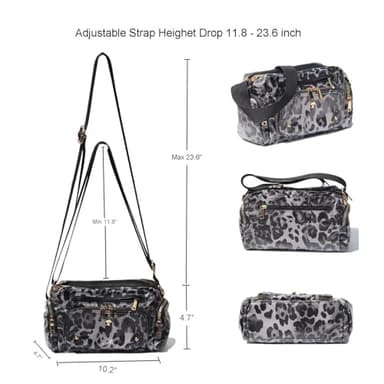 Women Fashion Tote Crossbody Handbags for Women Multi Pockets Shoulder Bag Nylon Travel Purse (Black Leopard) - Image 2