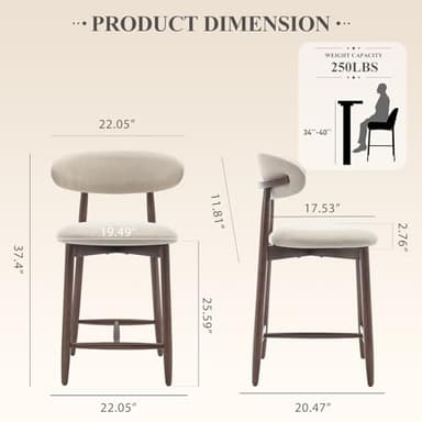 COLAMY Bar Stools Set of 2, Counter Height Bar Stools, Upholstered Counter Stools with Wood Legs for Kitchen Island Dining Room Bar, Beige - Image 2
