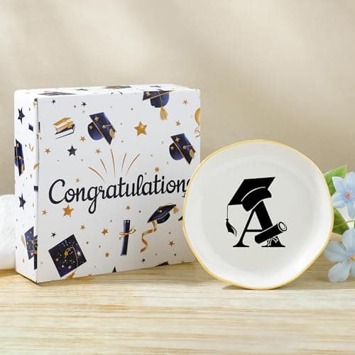Graduation Gifts for Her, College High Senior Class of 2025 Graduate Gifts for Daughter Granddaughter Niece Women Ceramic Trinket Dish Jewelry Ring Holder Initial A - Image 1