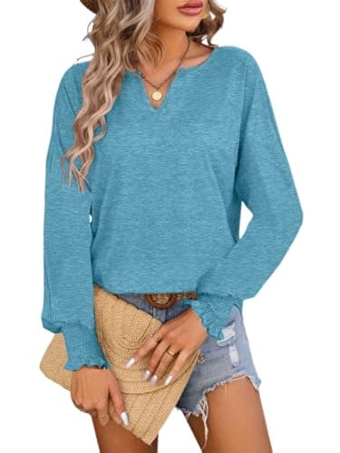TAKEYAL Long Sleeve Shirts for Women Smocked Sleeve V Neck Casual Loose Blouse Trendy Fall Spring Tops Aqua Green XX-Large - Image 1