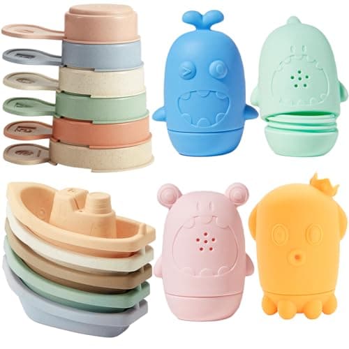 Baby Bath Toys for Kids Ages 1-3, 15 PCS Mold Free Toddler Bath Toys Bathtub Water Toys, Easy to Clean & Easy-Grip Stackable Boats & Spoons, Soft, Squeezable Silicone Bath Toy for Babies 6-12 Months - Image 1