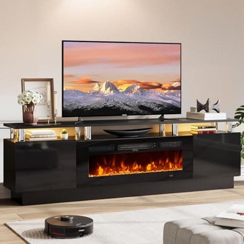 OneBlis 70" TV Stand for Living Room, Modern Entertainment Center & Media Console, Fits TVs up to 80", Storage Cabinet with Shelves, 36" Electric Fireplace with LED Flame (All Black) - Image 1
