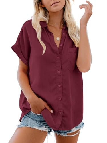 Womens Button Down Casual Shirts Cotton Short Sleeve Blouses Solid Summer Tops with Pocket Red Wine - Image 1