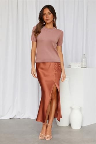 Arach&Cloz Womens Summer Tops 2024 Short Sleeve Pullover Sweaters Crew Neck Business Casual Tops Trendy Dusky Pink - Image 3