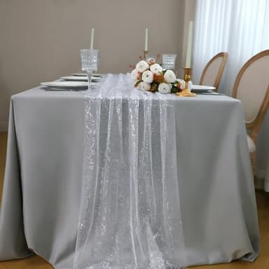 Snowkingdom 6 Pcs 10 FT Silver White Cheesecloth Table Runner Sheer Chiffon Gauze Runner, Sequin Glitter Silver Table Decoration Centerpieces for Wedding Birthday Christmas Bridal Baby Shower - Image 3
