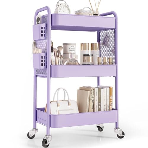 TOOLF 3 Tier Rolling Cart Storage Organizer, Metal Rolling Utility Cart with Wheels, Hooks & Bins Esthetician Craft Art Sturdy Storage with Pegboard for Bathroom, Kitchen, Office, Nursery Diaper - Image 1