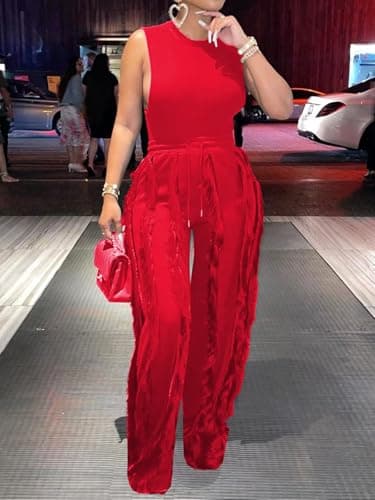 EDITCOZY Women Sexy Two Piece Outfits Fringe Pants Set Tassel Club 2 Piece Sets Going Out Birthday Party Night Red L - Image 5