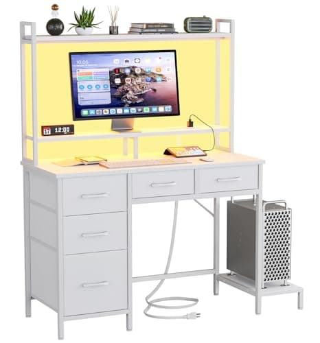 Korfile Computer Desk with Hutch, White Gaming Desk with Power Outlets & LED Ligthts & 5 Fabric Drawers, Home Office Desk with 2 Tiers Storage Shelves for Display (White Oak, 39 Inch) - Image 1